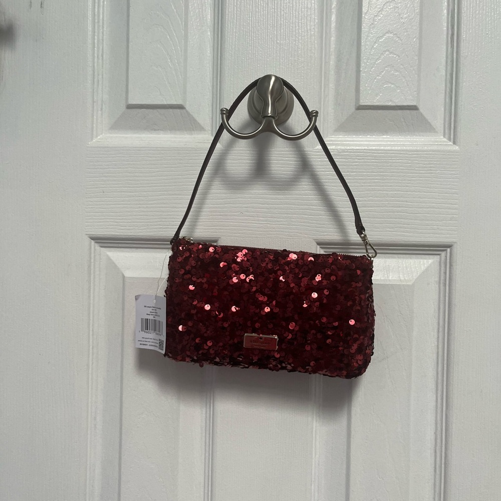 Kate Spade NY Kiki Sequin Fabric Convertible Bag Purse Wristlet Deep Berry New - Picture 2 of 16